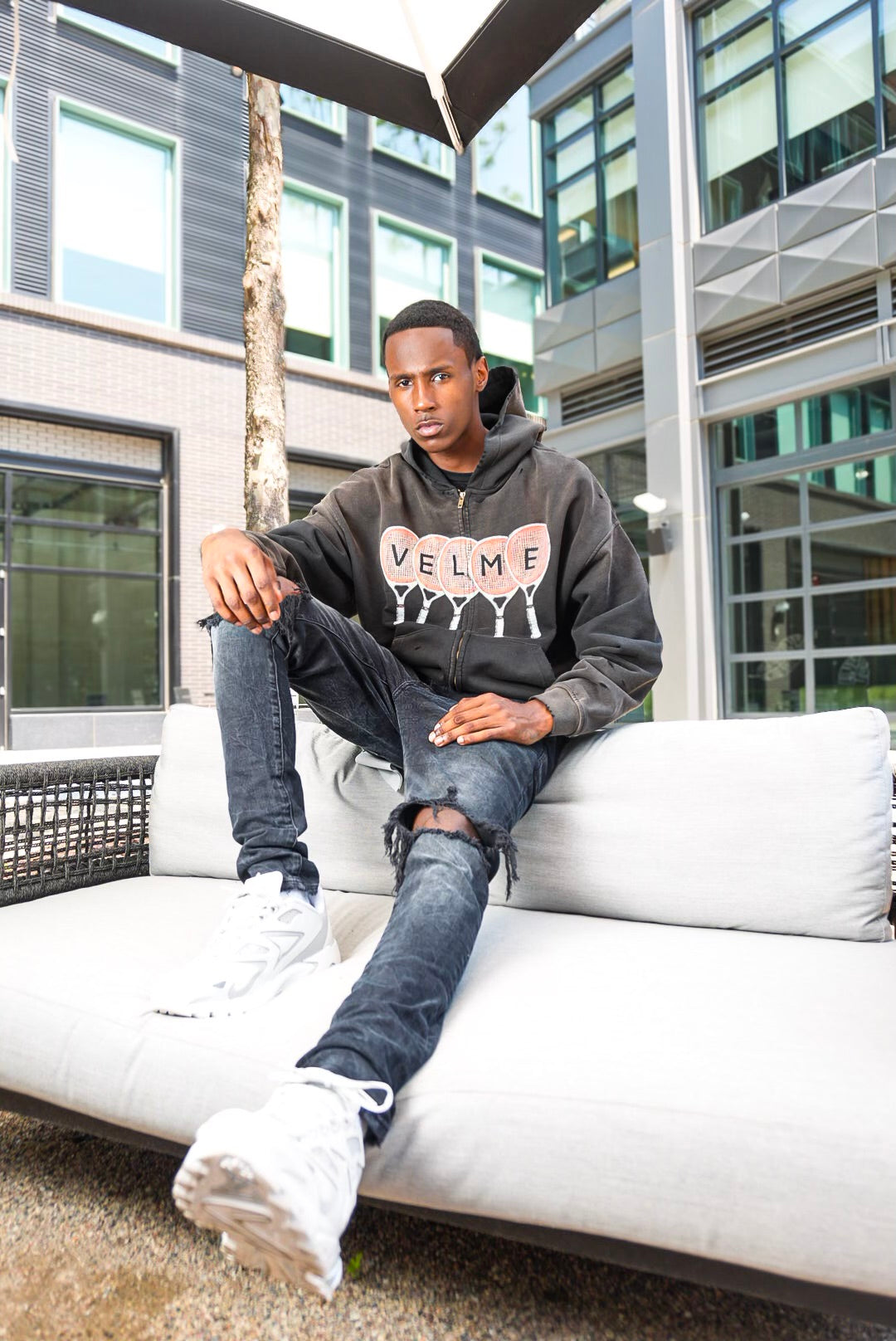 Black “ Tennis racket “ distress zip up.