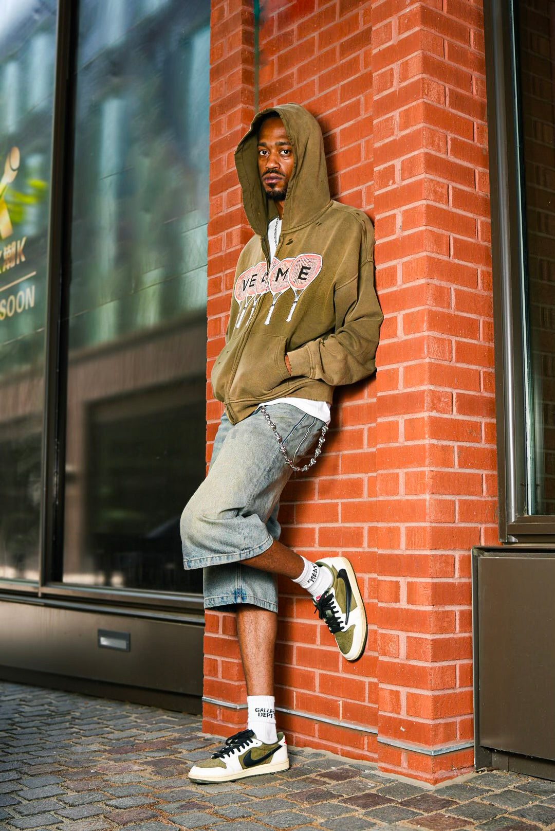 Olive green “ tennis racket” distress zip up.