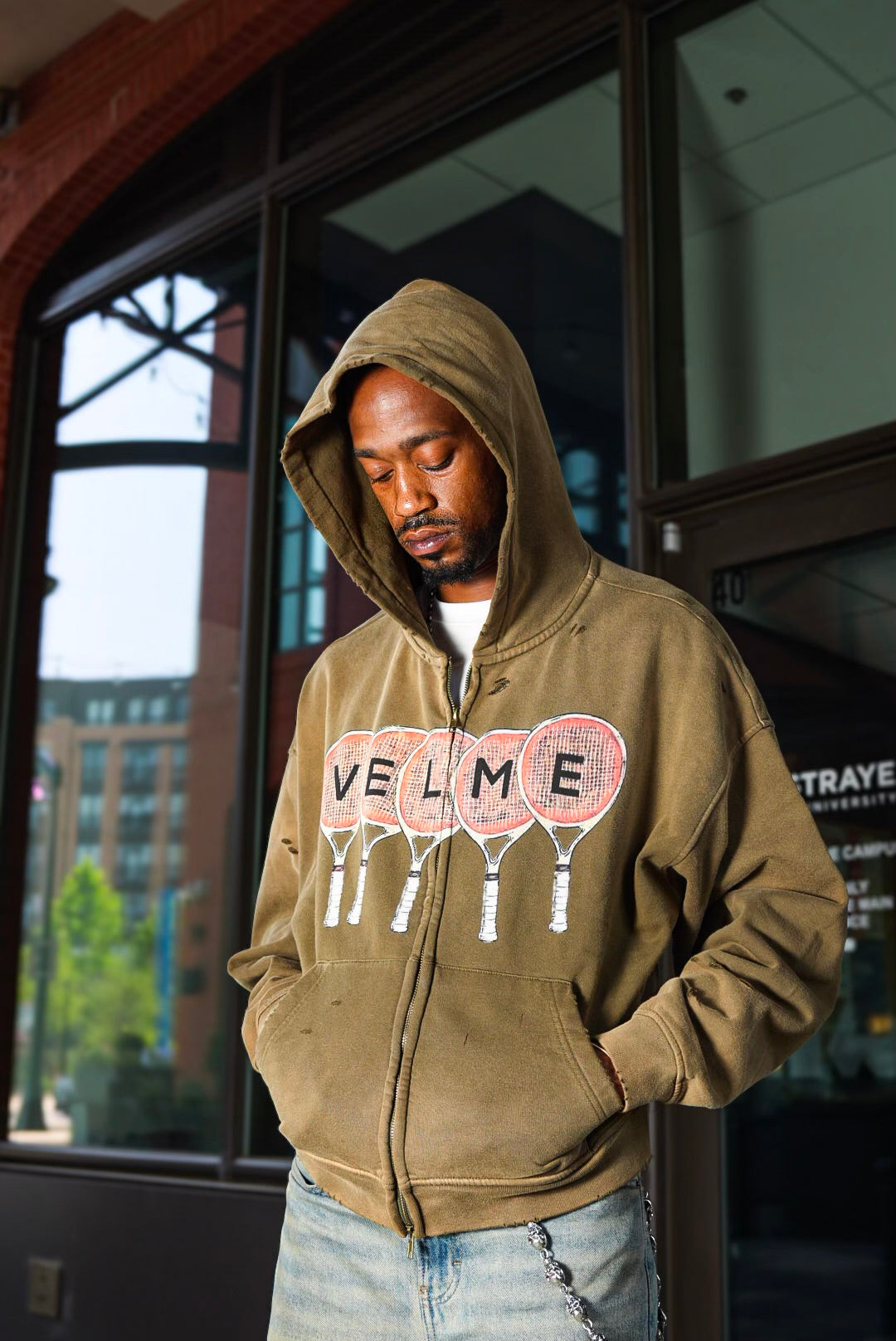Olive green “ tennis racket” distress zip up.