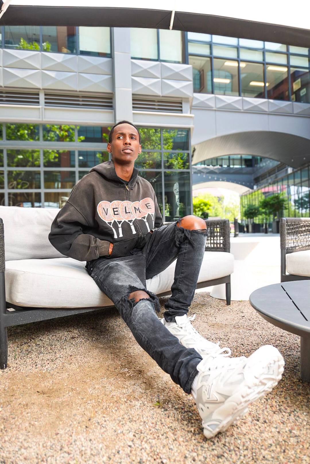 Black “ Tennis racket “ distress zip up.