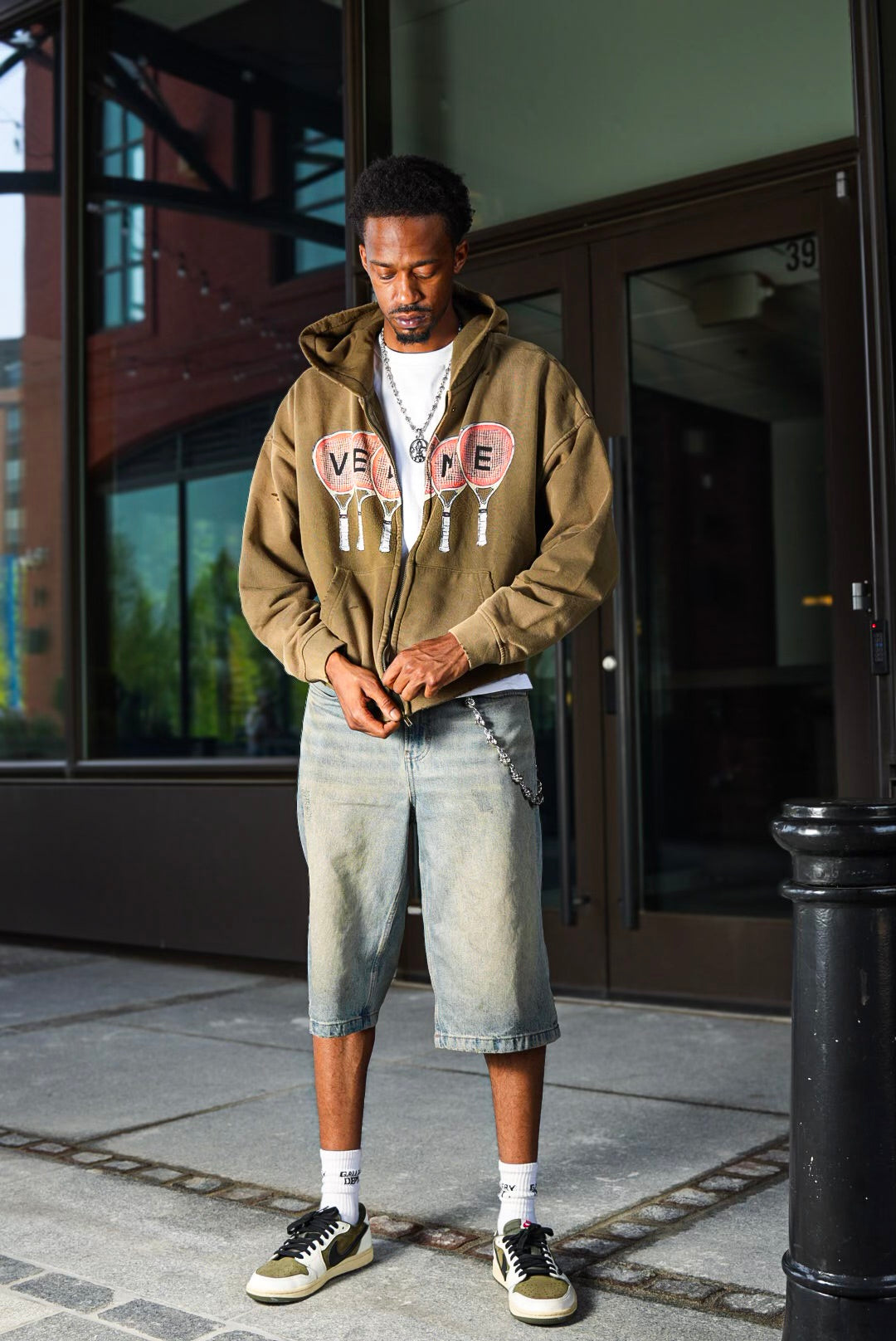 Olive green “ tennis racket” distress zip up.