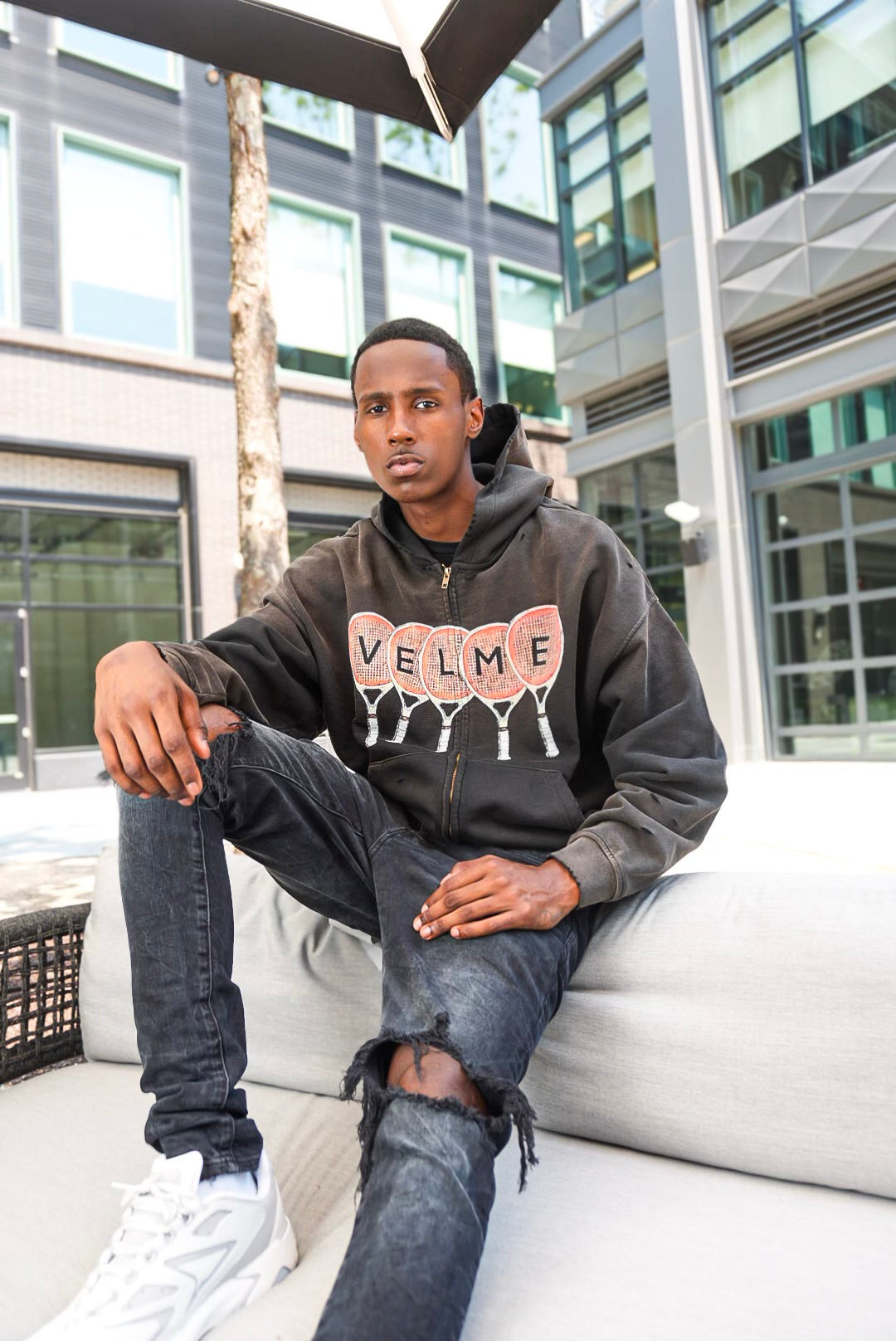 Black “ Tennis racket “ distress zip up.