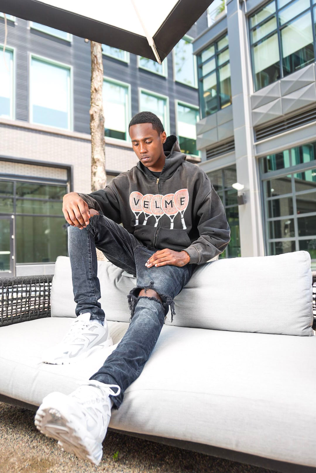 Black “ Tennis racket “ distress zip up.